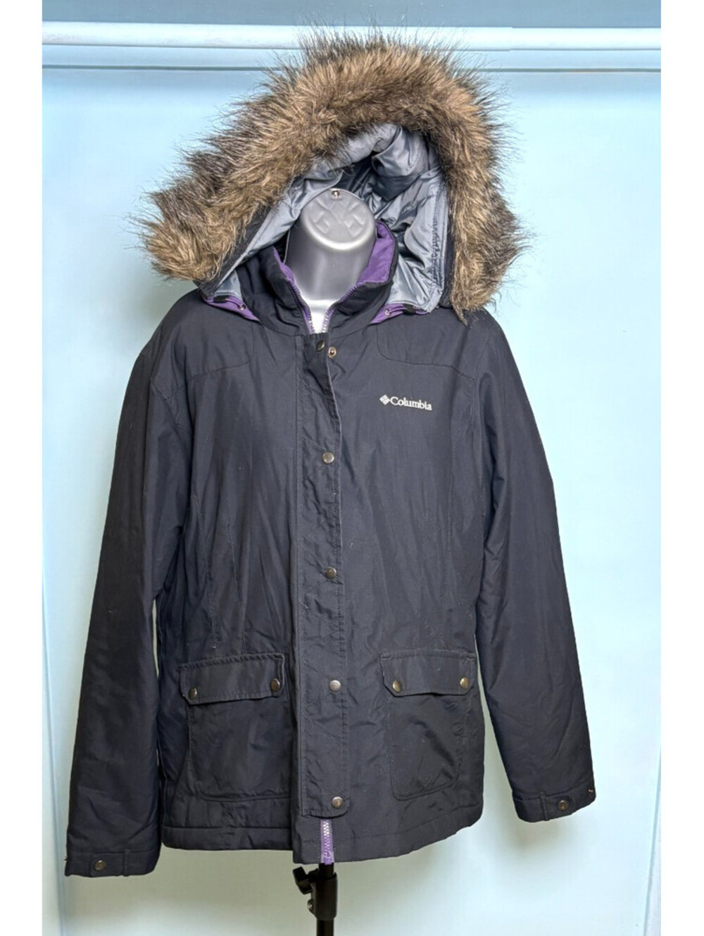 Columbia Womens XL Parka Jacket Black Faux Fur Hood Insulated Winter Coat